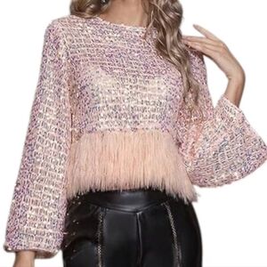 NWT With Love Molly Sequin Iridescent Pink  Sweater Bell Sleeve, Feather Fringe